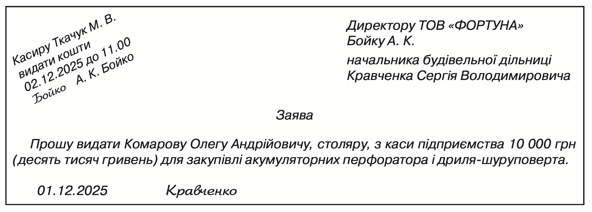 Заява начальника працівника про видачу коштів з візою керівника підприємства